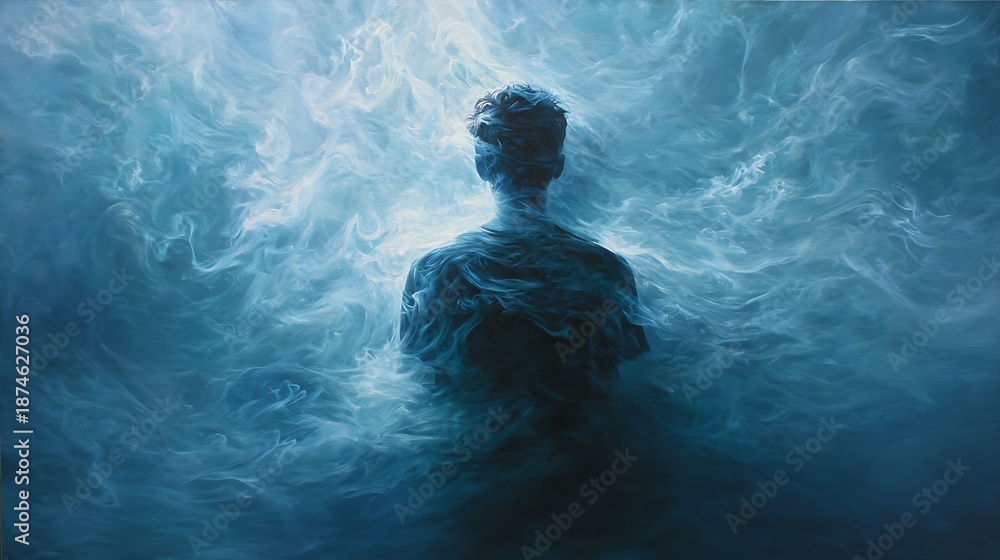 Fototapeta premium A solitary figure, shrouded in ethereal blue light, blending with swirling atmospheric textures