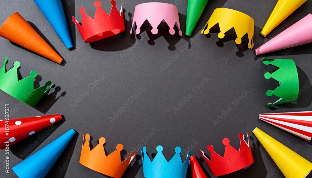 Fototapeta premium Top view of colorful paper party hats and crowns on a dark background. Flat lay celebration concept with central copy space. Festive carnival and Purim decorations for birthday or event