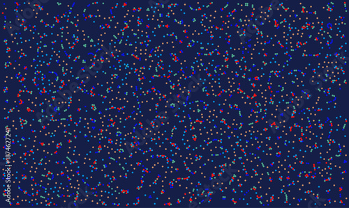 Abstract technology vector background featuring chaotic scattered colorful dots and particles on dark blue, visualizing big data, digital noise, and scientific molecular distribution concepts.