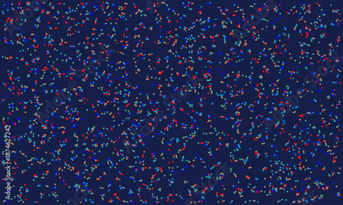 Abstract random colorful dots vector seamless pattern on dark blue background. Festive scattered confetti texture for wrapping paper, textile or wallpaper design.