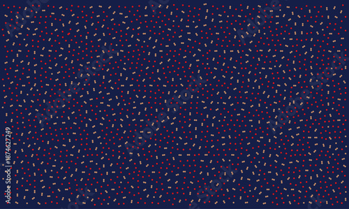 Dark blue vector background with dense pattern of red and beige chaotic scattered dots resembling confetti or stipple texture for creative holiday designs, wallpapers, and abstract digital art layouts