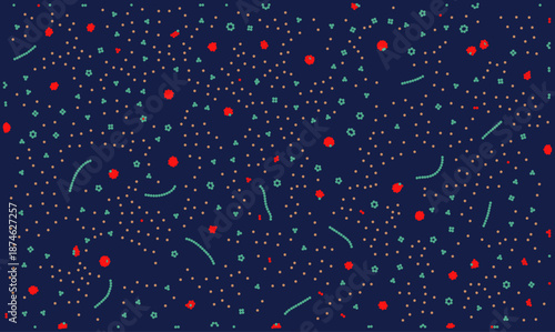 Abstract biology vector background with red virus cells and green bacterial chains on dark blue. Microbiology and nanotechnology concept for medical research or science healthcare banner design.