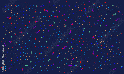 Abstract scientific vector background featuring colorful molecular structures and atomic particles. Medical chemistry pattern design useful for biotechnology presentation or digital data texture.