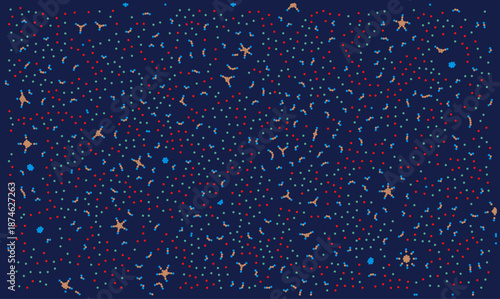 Abstract scientific vector background with scattered dots resembling microscopic molecules or viral cells. Biotechnology and nanotechnology concept with particles on dark blue.