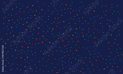 Abstract vector background featuring scattered multicolored dots on a dark blue surface. Digital data visualization pattern with random particles for futuristic tech design or festive confetti
