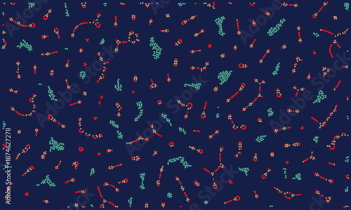 Abstract microbiology vector pattern featuring stylized bacteria and molecular chains on dark blue. Scientific background illustrating biotechnology, genetic research, and cellular organisms.