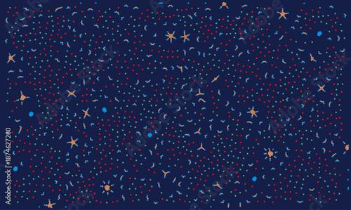 Futuristic digital vector background with colorful chaotic particles and small molecular clusters. Scientific illustration suitable for microbiology, biotechnology, nanotechnology and data science