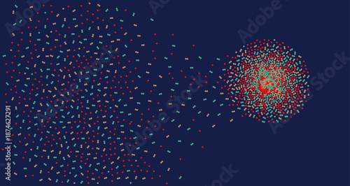 Abstract big data visualization vector background with flowing particles forming a dense cluster. Futuristic technology illustration of red and teal dots swarming in navy space.