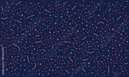 Abstract biological vector background with scattered dots and microbe chains on dark blue. Geometric seamless pattern texture perfect for science medical wallpaper, textile print or confetti