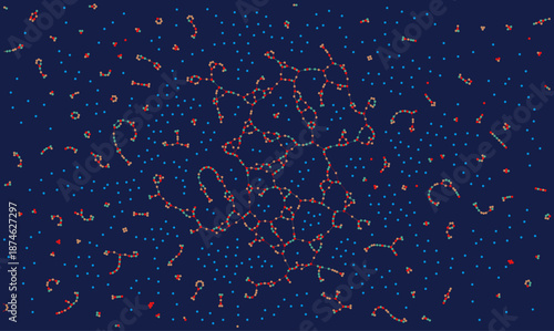 Complex scientific vector background showing a network of connected nodes and lines symbolizing neural systems and chemical bonds. Abstract technology design for data science and biology concepts.