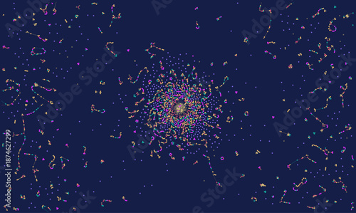 Abstract vector visualization of big data network analysis with connected nodes and dots on dark blue background. Complex digital web structure representing ai, science, social media and technology.