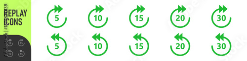 Repeat 5, 10, 15, 20, 30 seconds simple vector icon. Replay icons. Replay icon for application and web or Media player control. Replay icons set. 5, 10, 15, 20, 30 sec playback backwards