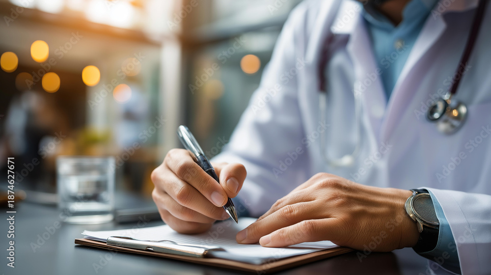 Fototapeta premium Focused faceless physician taking notes during patient consultation recording medical information pen in hand wearing lab coat stethoscope modern office