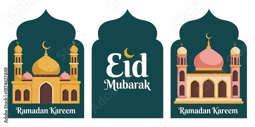 Eid Mubarak Greetings with Mosque Illustrations for Celebration