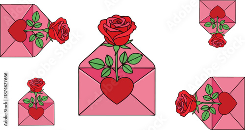Romantic rose in love envelope with heart symbol – vector illustration