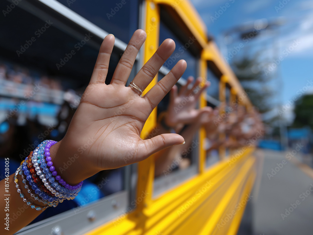 Naklejka premium Children wave goodbye from a yellow school bus during daylight hours
