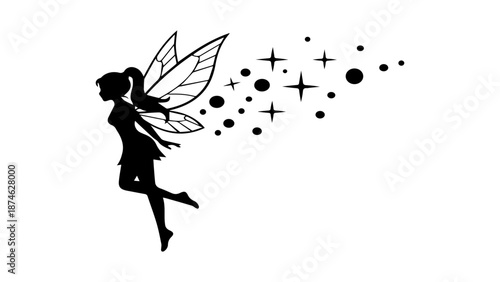 Graceful flying fairy silhouette with sparkling magic dust trail, a whimsical fantasy design