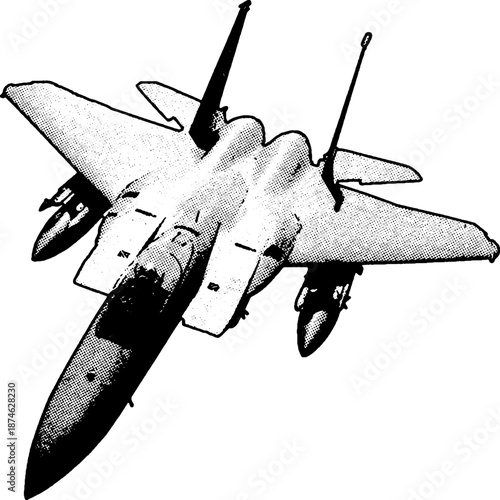 Modern Fighter Jet Tactical Flight Sketch, highlighting its aerodynamic silhouette and wing-mounted fuel tanks with a clean, technical graphic style against white.