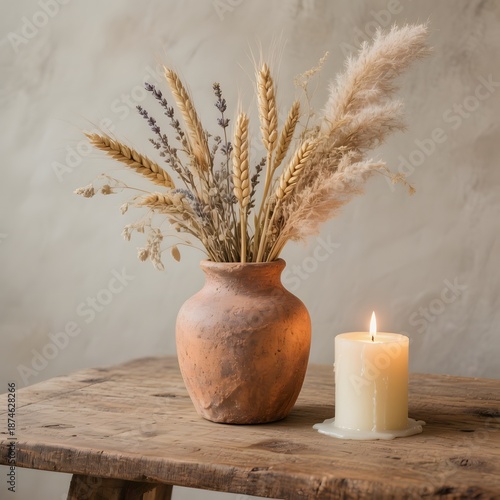A rustic terracotta vase with dried wheat and lavender sits beside a glowing candle on a wooden table