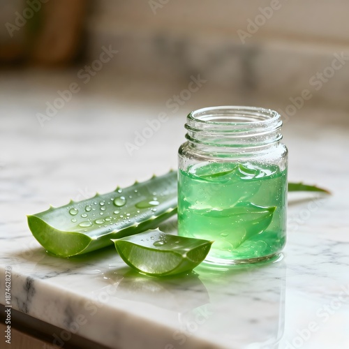 aloe vera leaves and pure gel in a glass jar