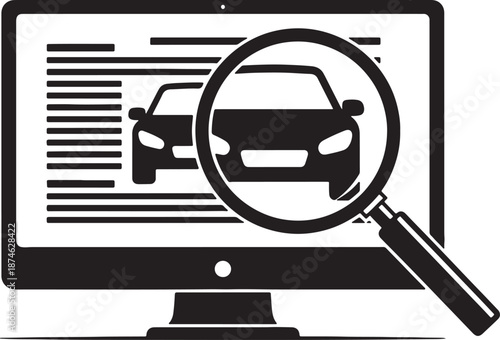 Black and white of a computer screen with a magnifying glass highlighting a car in a document also transparent background
