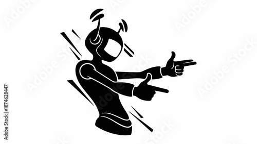 Futuristic robot character making a finger gun gesture, ready for action.