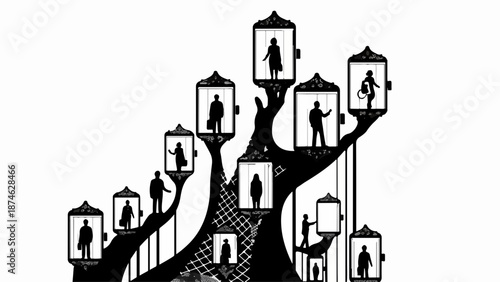 Diverse individuals in silhouette inhabit individual spaces within a stylized family tree illustration.