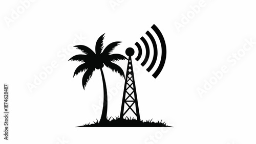 Tropical island with palm tree and radio tower broadcasting signal, symbolizing connectivity and communication