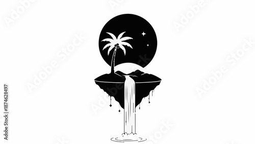 Surreal floating island with waterfall and palm tree under a starry night sky