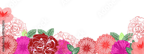 Sfondo floreale con grandi fiori rosa, rossi e foglie verdi, illustrazione isolata su sfondo bianco