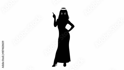 Elegant silhouette of a woman in a flowing gown, pointing upwards with a divine aura.