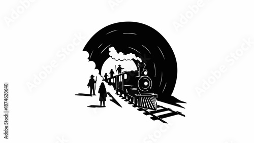 Vintage steam train emerges from a dark tunnel, silhouetted figures await on the platform.