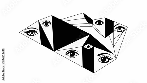 Abstract geometric composition with multiple observing eyes, symbolizing perception and awareness.