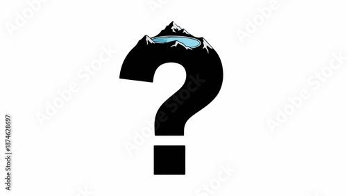 Symbol of mystery and the unknown, a question mark silhouette revealing a serene mountain lake.