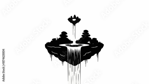 Mysterious floating island with cascading waterfall and glowing crystal above