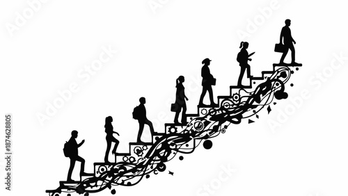 Silhouettes of diverse people ascending stairs, symbolizing growth and ambition