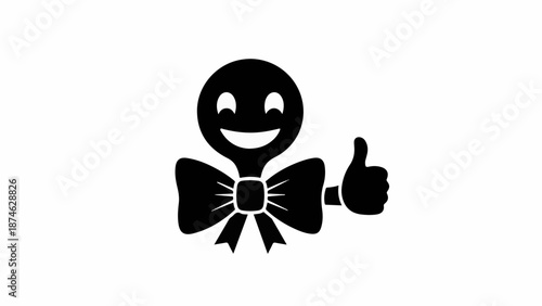 Joyful character with a bow tie gives a thumbs up, conveying approval and happiness.