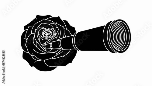 Telescope emerging from a blooming rose, symbolizing exploration and discovery of natural beauty