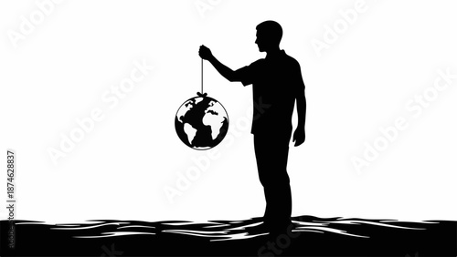 Silhouette of a man holding the Earth like a pendulum, symbolizing control and global perspective