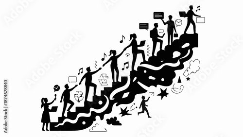 Diverse group of people ascending stairs, symbolizing progress, connection, and shared success.