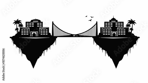 Floating islands connected by a suspension bridge, symbolizing connection and progress.