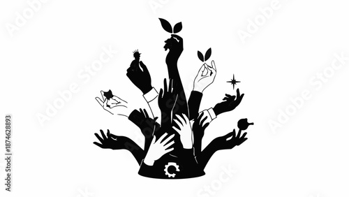 Diverse hands reach upwards, symbolizing growth, innovation, and collective effort towards a brighter future.