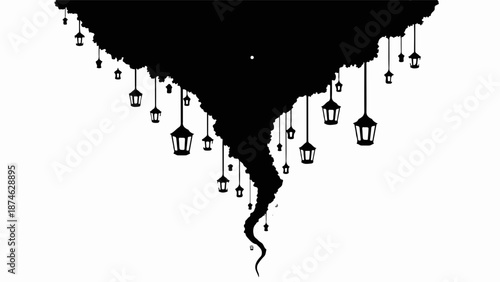 Whimsical swirling silhouette of lanterns suspended from a dark cloud