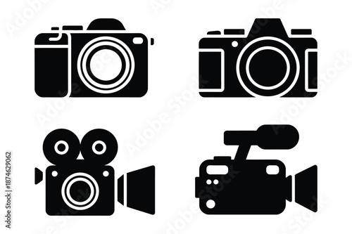 Camera and video equipment icons for photography set