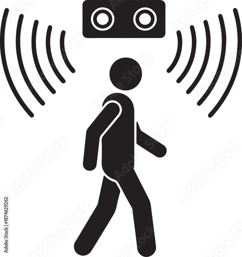 Black and white of a person walking under a device emitting waves also transparent background