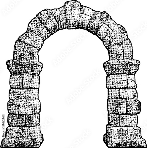 Ancient Roman Stone Archway Illustration, freestanding stone archway, showcasing intricate masonry patterns and aged textures typical of classical Roman or medieval ruins and historical architecture.