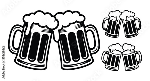 Two Frothy Beer Mugs - Cheers, Beer Toast Illustrations, Overflowing beer mugs clinking in a toast, graphic element used for beer, parties, or Oktoberfest