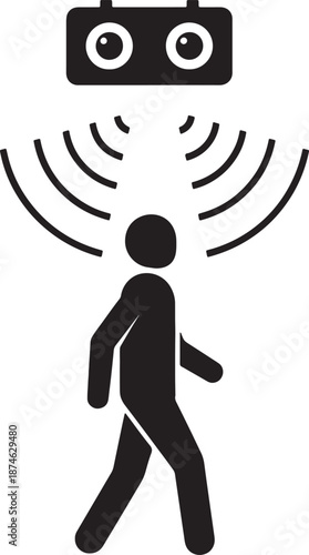 Black and white of a person walking with a surveillance camera emitting signals above them also transparent background