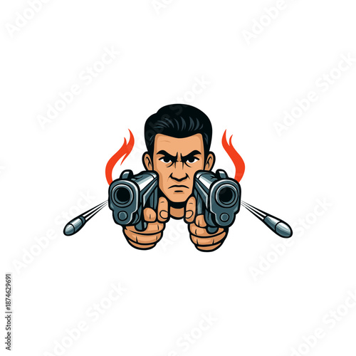 A Fearless Shooter, Hero shooting with pistol, Bullet tracer icon logo flat vector design