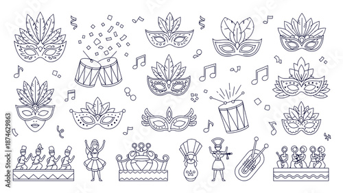 Brazilian Carnival Mask Music Festival Parade Outline Vector Doodle Icons Collection
